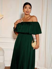 Cravure 加大码长款伴娘礼服，收腰，侧开衩，露肩，荷叶边下摆，优雅适合舞会、主持、表演 - 墨綠色 - 查看 6