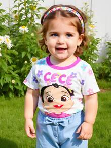 CoComelon X SHEIN Baby Girl Cute Cartoon Figure Graphic White Casual Sweet Cute Short Sleeve T-Shirt - Pink - View 6