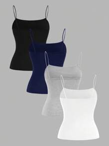 SHEIN EZwear 4 件套女式纯色侧褶修身休闲吊带背心套装，适合夏季 - 黑色、藏青色、灰色、白色 - 彩色 - 查看 2