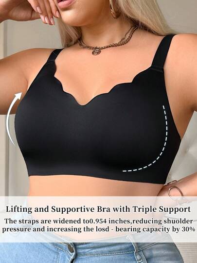 SHEIN Plus Size Women's Seamless Wirefree Bra Push Up Soft Support V-Neck Bra, Wide Shoulder Strap Comfortable Single Piece