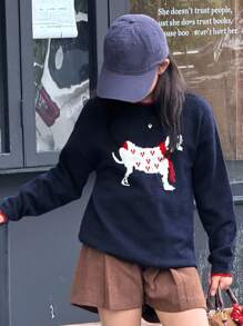 女童圆领小狗图案毛衣，青少年女孩秋季服装 - 寶藍色 - 查看 5