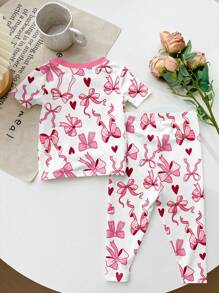 SHEIN Happikins Baby Girl Casual Minimalist Butterfly & Heart Printed Snug Fit Crew Neck Short Sleeve Top & Pants Homewear Set, Suitable For Summer