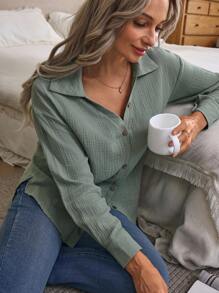 Louniche Women's Solid Color Drop Shoulder Long Sleeve Single-Breasted Casual Shirt - Mint Green - View 1