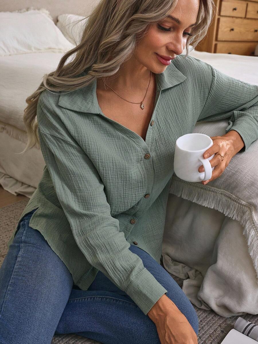 Louniche Women's Solid Color Drop Shoulder Long Sleeve Single-Breasted Casual Shirt - Mint Green - View 1