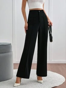 SHEIN Tall Women's Solid Color High Waist Toothpick Stripe Design Loose Casual Commuter Wide Leg Pants