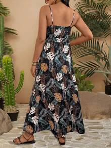 Breezaya 女式休闲度假风格花卉印花吊带背心连衣裙 - 黑色 - 查看 2