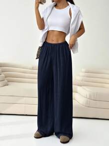 Solflare Plus Size Women's Solid Color Drawstring Waist Casual Versatile Everyday Outing Long Pants Fall - Navy Blue - View 3