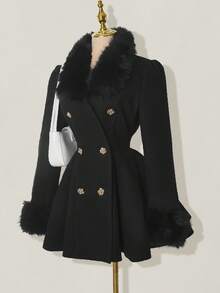 SHEIN ICON 女士优雅喇叭形人造毛皮拼布双排扣夹克，秋冬 - 黑色 - 查看 1