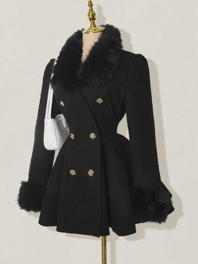 SHEIN ICON Chaqueta elegante de mujer con parches de piel sintética y doble botonadura, para otoño/invierno