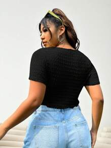 SHEIN EZwear Plus Drawstring Front Lettuce Trim Asymmetrical Hem Tee - Black - View 2