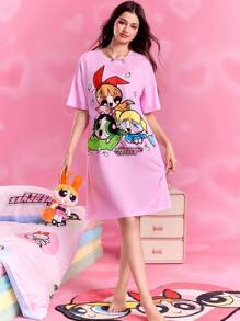 THE POWERPUFF GIRLS X SHEIN Women's Comfortable & Cute Blossom, Bubbles, Buttercup Pattern Nightgown, Summer, Moo Moo - Pink - View 3