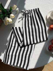 SHEIN EZwear Quần ống đứng kẻ sọc đi làm thường ngày cho nữ - Đen và trắng - Xem 3