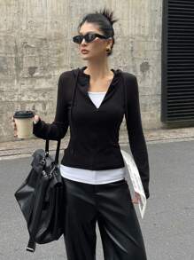 DAZY 女士纯色简约休闲连帽长袖T恤 - 黑色 - 查看 7