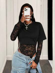 BamGleam 女士长袖性感蕾丝紧身衣 - 黑色 - 查看 7