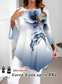 SHEIN CURVE+ Váy dài cỡ lớn, thiết kế bất đối xứng họa tiết hoa màu xanh và trắng tối giản cỡ lớn, tay áo 3/4, quần áo du lịch mùa xuân/hè/mùa thu cho nữ, mùa đông, áo cánh CURVE PLUS sang trọng cho nữ/mùa thu/mùa đông - Nhiều màu - Xem 1