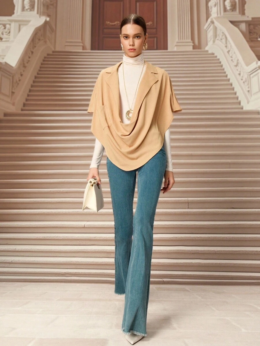 SHEIN Unity Women's Solid Color Lapel Collar Batwing Sleeve Unique Fashion Cape Top - Khaki - View 1