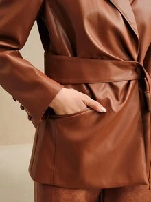 Anewsta Women's Brown Pleated Tie Waist Pocket Glossy PU Leather Elegant Blazer, Autumn/Winter - Brown - View 4