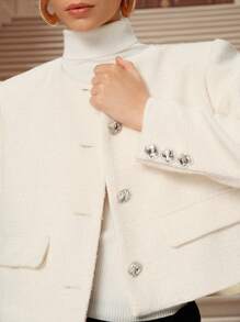 SHEIN Unity Fall Women Clothes, Winter Fashion Design, Light Luxury Elegant, Knitted Crop Top Jacket - Beige - View 5