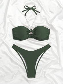 Swim Chiccia Women Summer Beach Solid Color Halter Tie Sexy Bikini Swimsuit Set - Army Green - View 4