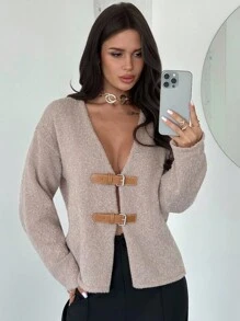 Firerie Women's Elegant Light Beige Cardigan,Autumn Front Contrast Leather Buckles Knitted Sweater,Dropped Shoulder Long Sleeve Brunch Top,Old Money Style - Apricot - View 2