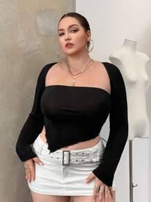 SHEIN EZwear Plus Solid Asymmetrical Hem Crop Tee - Black - View 3