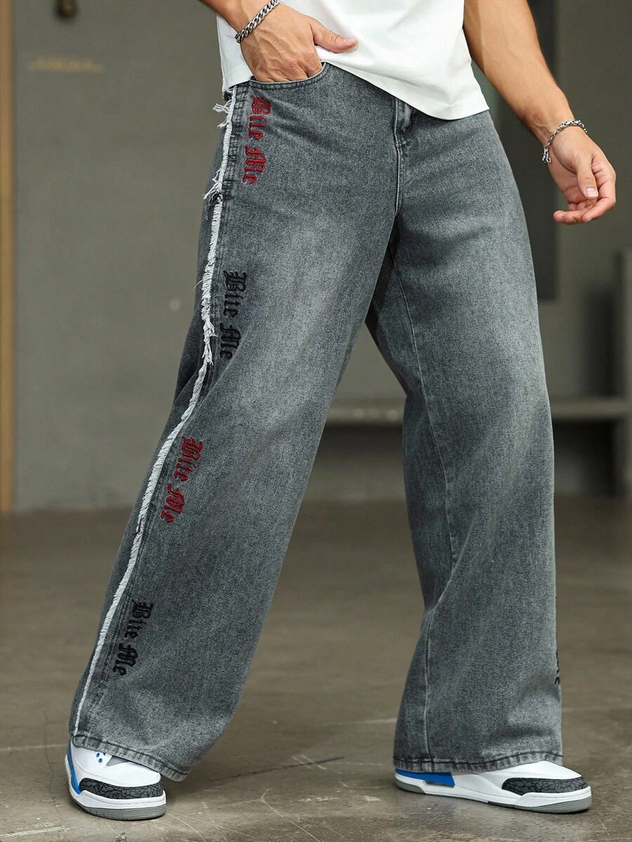 Manfinity Homme Men's Pocketed Wide Leg Jeans With Letter Embroidery And Frayed Hem - Grey - View 1