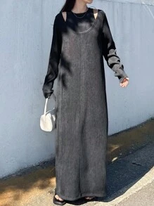 FRIFUL Đầm suông dài tay màu xám đậm trơn cho nữ, Bộ đồ hai mảnh thường ngày, Mùa thu - Màu xám đen - Xem 6