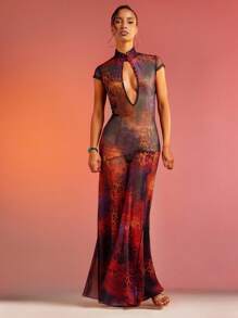 Hauture Abstract Floral Animal Print Lace Mesh Dress - Multicolor - View 3