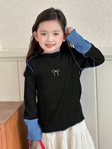 DAZY Young Girls Quilted Contrast Color Korean Style Casual Long Sleeve T-Shirt, Spring/Autumn - Black - View 3