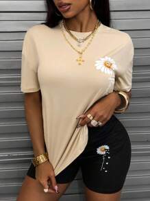 INAWLY Floral & Slogan Graphic Drop Shoulder Tee & Biker Shorts - Khaki - View 4