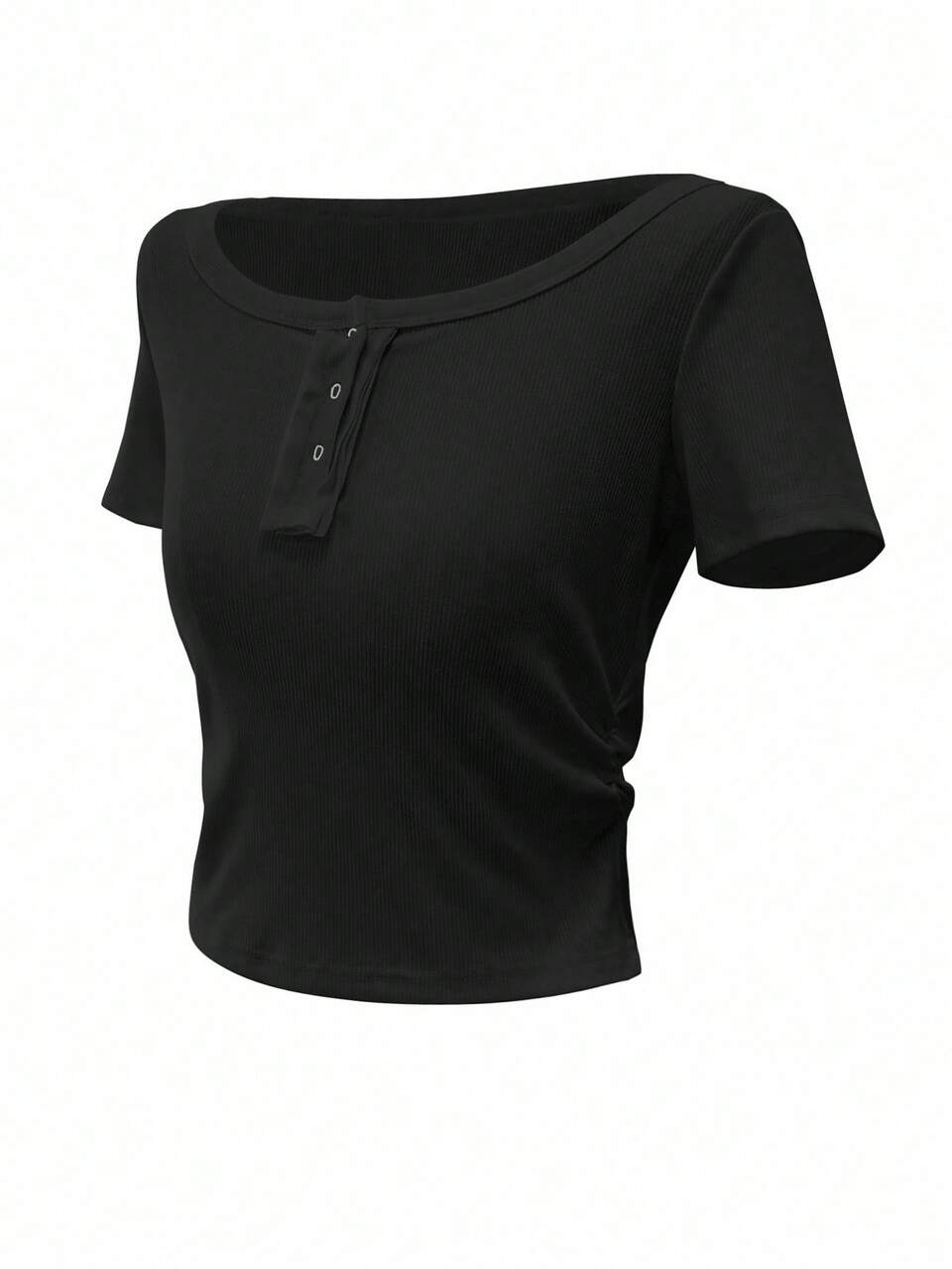 Dazy Plus Plus Size Plain Color Half-Open Hem Short Sleeve Cropped Black Casual T-Shirt, Cute Top