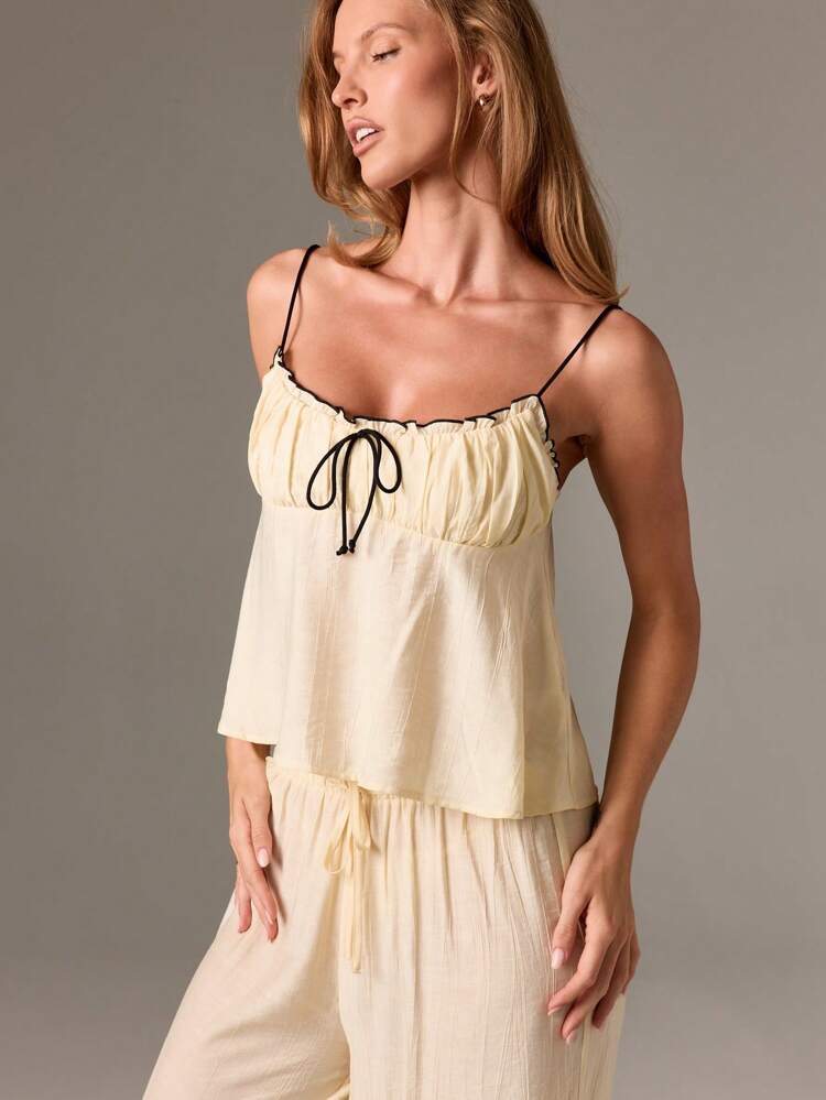 Long Sleeve Button Up Pajama With Bow And Ruffle Trim