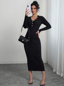 INAWLY Women's Elegant Minimalist Button Half-Placket Fitted Long Sleeve Sweater Dress Fall Winter Cloth For Women