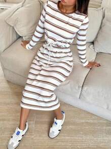 Pariaura 2025 Autumn New Collection: Women's Timeless Striped Dress – Round Neck For Effortless Grace, Cinched Waist To Flatter Curves, Adjustable Side Ties For Custom Fit, Flowing Long Silhouette (Mid-Calf To Ankle) With Elegant Allure. Perfect For Daily Outings, Workdays, Or Romantic Dates. Fall Cloth For Women