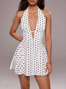 SHEIN PETITE 1pc Women's V-Neck Polka Dot Print Backless Camisole Dress, Sweet, Suitable For Vacation, Casual, Daily, Commute, Spring/Summer - White - View 3
