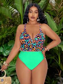 Slaydiva Plus Size Swimwear Set, Colorful Leopard Print Top With Adjustable Straps, Solid Side Ruching Bottoms, Orange Summer Beach Vacation Holiday Pool Outfit - Multicolor - View 3