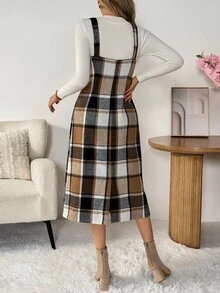 SHEIN LUNE 女士休闲格子无袖中长连衣裙，收腰设计，日常百搭，秋冬格子连衣裙，女士格子中长连衣裙，方格连衣裙，秋季连衣裙，大地色系连衣裙，外出穿搭，女士连衣裙，女士连衣裙，优雅休闲连衣裙，女士街头风秋季服装，女士秋季穿搭，秋季服装，女士冬季服装，冬季服装，女士休闲机场穿搭，女士外出穿搭，休闲 - 彩色 - 查看 2