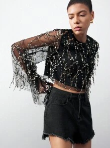 Maija Women's Sparkle Sequined Mesh Top With Flare Sleeves, Perfect For Parties,Autumn Outfits For Women, Christmas Women's Clothing