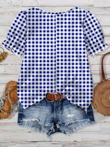 EMERY ROSE Plus Size Plaid Puff Sleeve Casual Shirt, Suitable For Summer - Blue - View 2