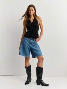 Nöista Top halter sin espalda con borde de encaje de color negro sólido, para verano y salir - Negro - Ver 5