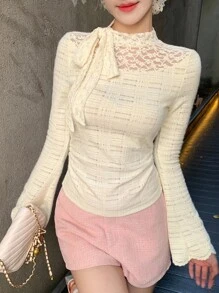 DAZY Women's Textured Fabric Lace Patchwork Tie-Up Long Sleeve T-Shirt - Beige - View 4