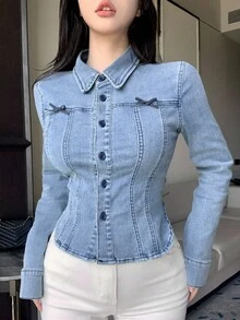 DAZY 女式修身长袖蝴蝶结腰部短款休闲牛仔衬衫 - 淺色水洗藍 - 查看 1