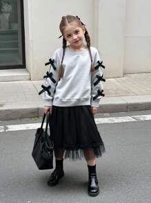 SHEIN Young Girl Fashion Bow Decor Sweatshirt Paired With Tulle Puff Mini Skirt, Elegant, Suitable For Parties And Daily Wear - Light Grey - View 7
