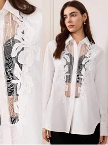 Briarwyn 女士优雅材质拼接透明提花立领衬衫女衬衫，长袖上衣女式贴花做旧透明长袖衬衫，春秋季，优雅通勤女士白色天丝花卉蕾丝拼接衬衫，商务休闲，老款服装 - 白色 - 查看 8