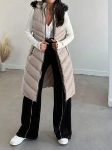 EURMUSE Casaco De Inverno Feminino Longo Com Capuz, Sem Mangas, Com Zíper Frontal - Bege - Ver 3