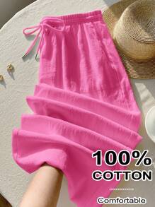 Comfortcana Quần ống rộng có dây rút eo cỡ lớn màu đỏ hồng cho nữ - Màu Hồng Tươi - Xem 3