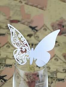 SHEIN 10pcs/20pcs/50pcs Butterfly Cup Cards, Hollow Out Wedding Party Decor Paper Cards, Purple Butterfly Wall Sticker Table Place Cards, Suitable For Gifts, Baptism, Wedding Box - Adorable Party Decorations And Guest Favors - White - View 5