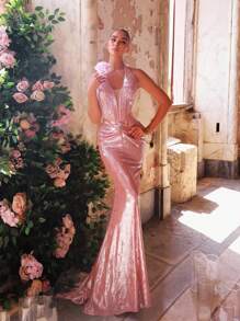 Glamrae 优雅、奢华、性感、时尚、浅粉色、奢华水钻、弹性涂层、褶饰、紧身、美人鱼裙，适合婚礼、派对、度假、舞会、晚礼服（重饰） - 粉色 - 查看 7