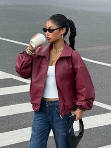 SHEIN EZwear 女士秋装新款落肩长袖拉链红色 PU 皮夹克，适合日常穿着 - 酒紅色 - 查看 1