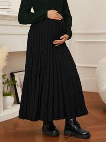 SHEIN Vestido de punto de unicolor para maternidad, falda plisada de línea A de cintura alta